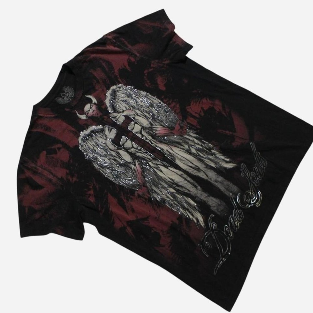 Mens Y2K Skater Streetwear Goth Punk Xzavier Black Embossed Print Wings T-shirt
